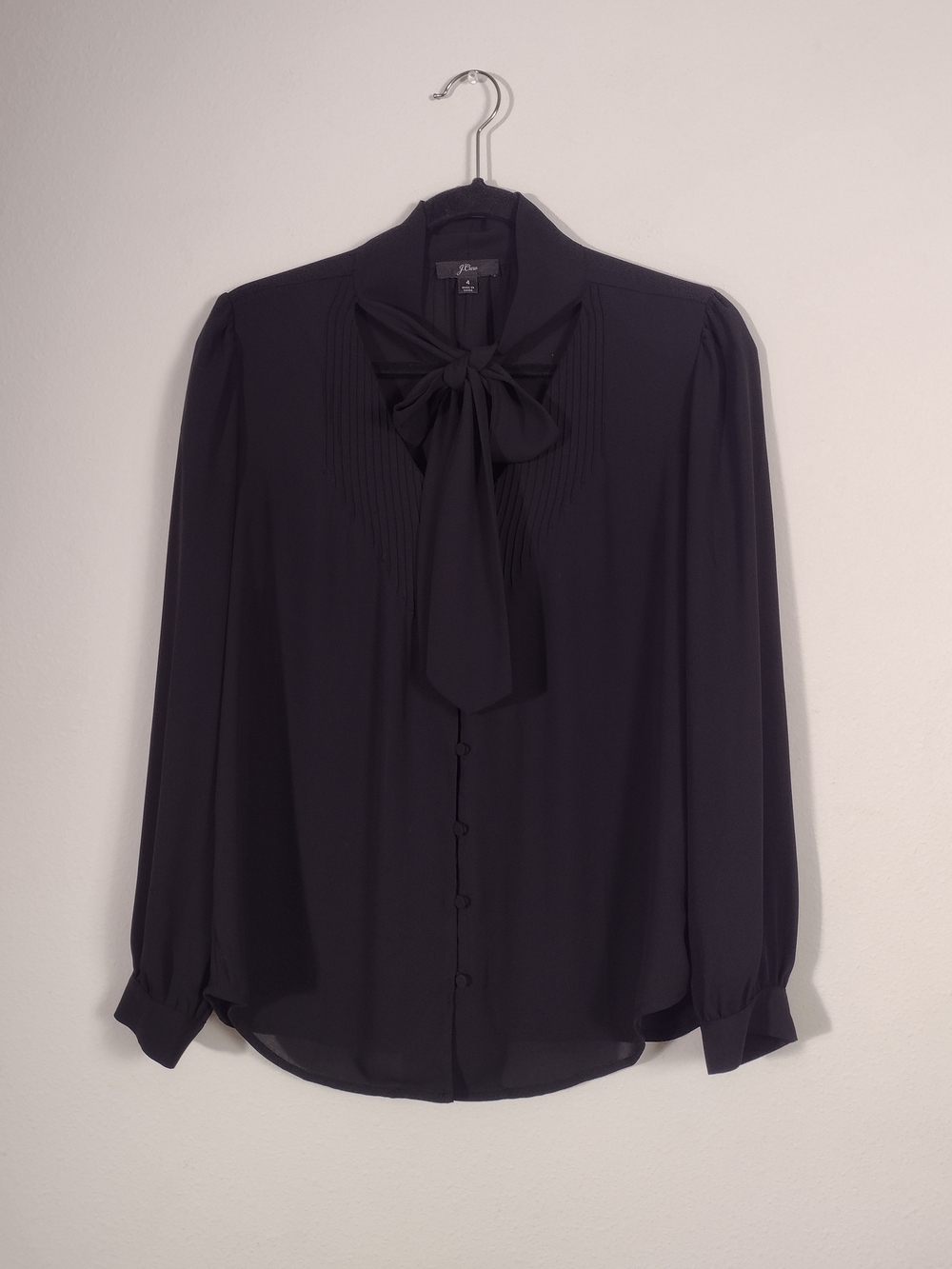 J. Crew Sheer Tie Neck Button Front Blouse Long Sleeve Black Size 4